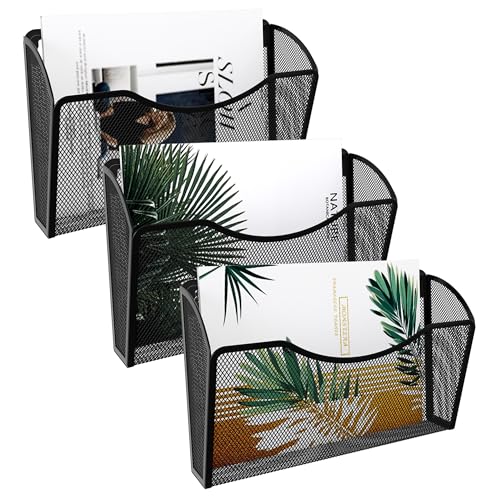 EasyPAG Wall File Organizer 3 Single Pocket Mesh Hanging File Folder Organizer for Letter/A4 Size Folders Wall Mounted Vertical Mail Holder for Paperwork, Office, Home, School, Black - Image 1
