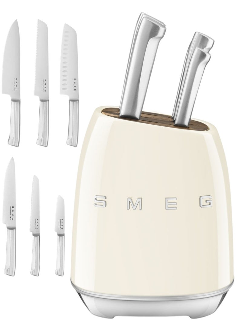سميج طقم سكاكين SMEG بتصميم الخمسينيات مع حامل، 6 قطع، ستانلس ستيل ألماني، كريمي - Image 1