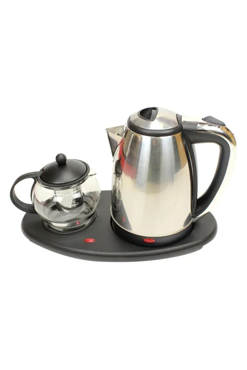 Electric Tea and Coffee Set, Glass Teapot with Infuser, Stainless Steel Kettle, Warming Tray, Black  - Image 1