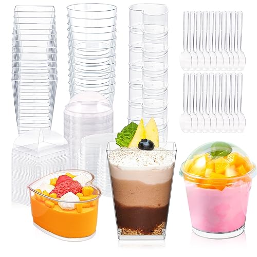 ALEXPRE 360 Pack 5oz 6oz Dessert Cups with Lids and Spoons, 3 Styles Clear Plastic Appetizer Cups Disposable Party Mini Parfait Cups for Serving Fruit Trifle Mousse Ice Cream and Pudding Dessert Cups - Image 1
