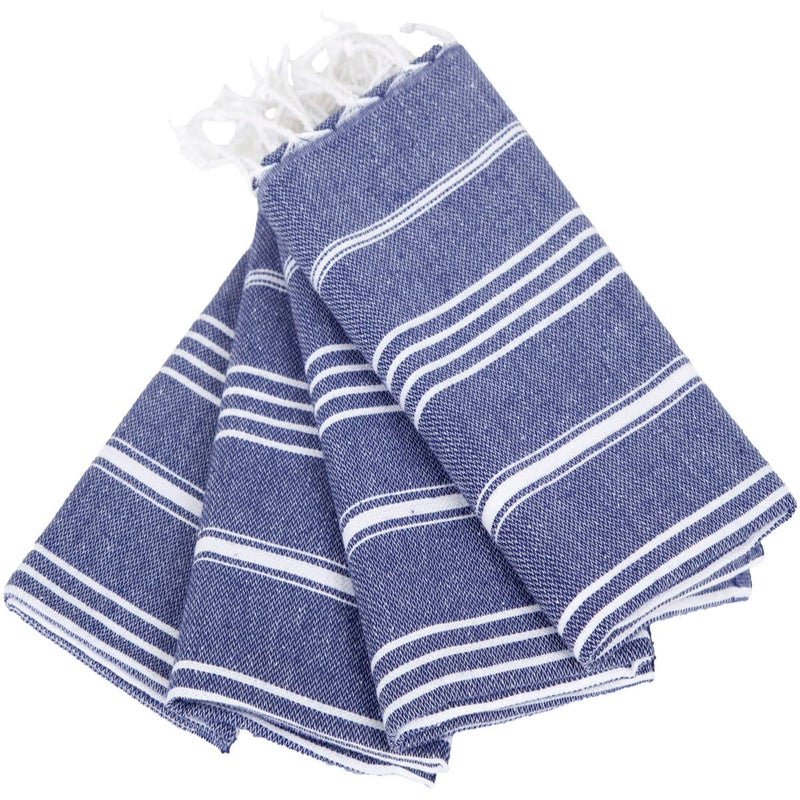Clotho 4 Pack Turkish Hand Towels for Bathroom  100 Cotton 18 x 40 Inches  Decorative Kitchen Towels Set of 4 for Face Hair  White Striped Machine Washable Lightweight Boho Farmhouse Navy Blue
