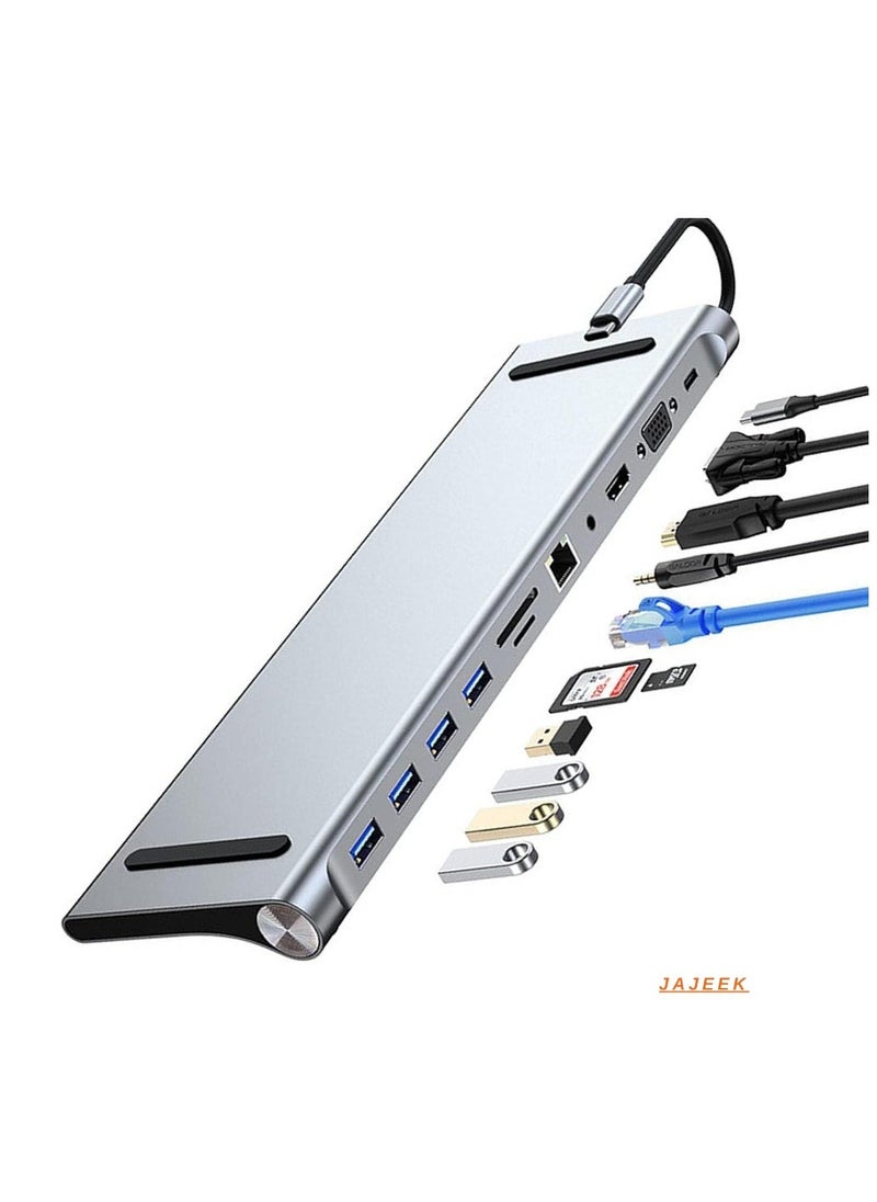 JAJEEK 11-in-1 USB C Docking Station with 4K HDMI, VGA, SD/TF Card Reader, 4 USB 3.0 Ports, RJ45 Ethernet – MacBook, Mac Pro, iMac & More – Multi-Port Adapter for Enhanced Productivity & Seamless Connectivity - Image 1