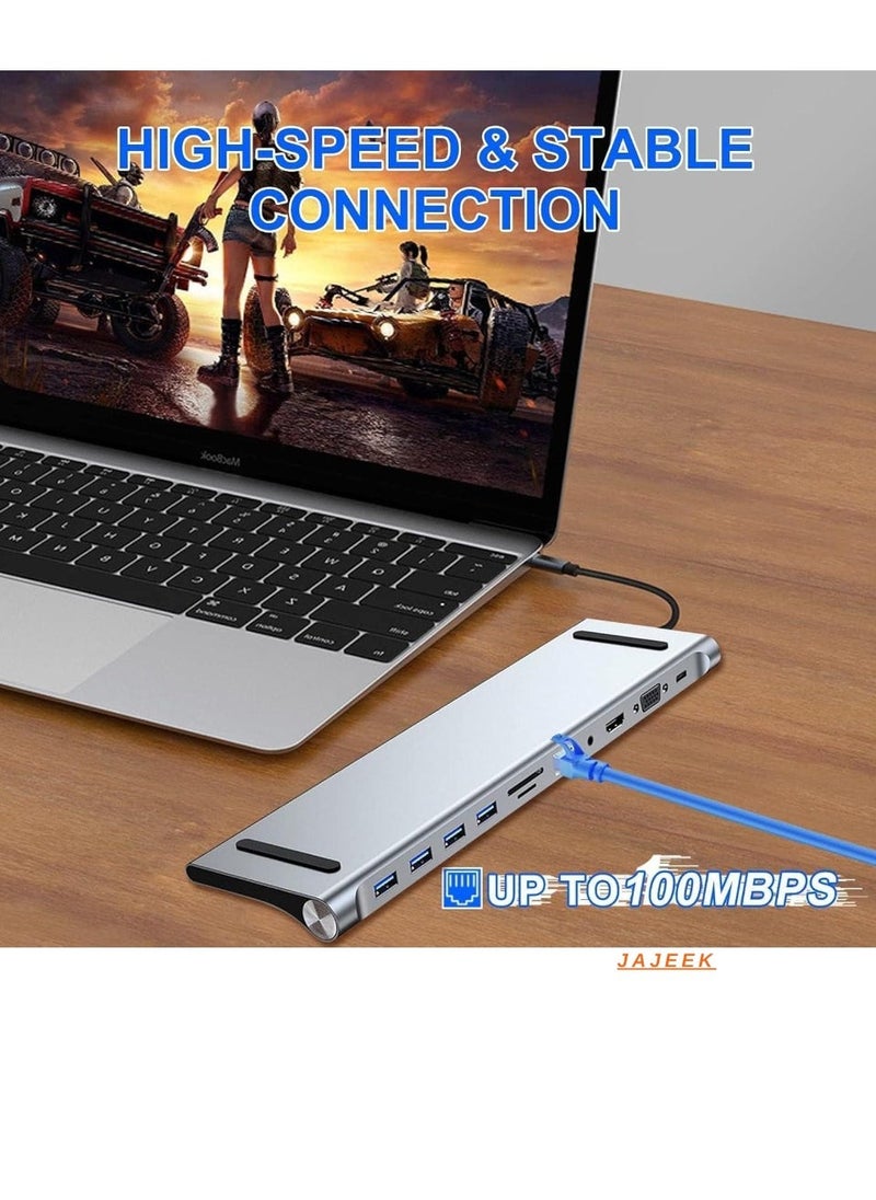 JAJEEK 11-in-1 USB C Docking Station with 4K HDMI, VGA, SD/TF Card Reader, 4 USB 3.0 Ports, RJ45 Ethernet – MacBook, Mac Pro, iMac & More – Multi-Port Adapter for Enhanced Productivity & Seamless Connectivity - Image 2
