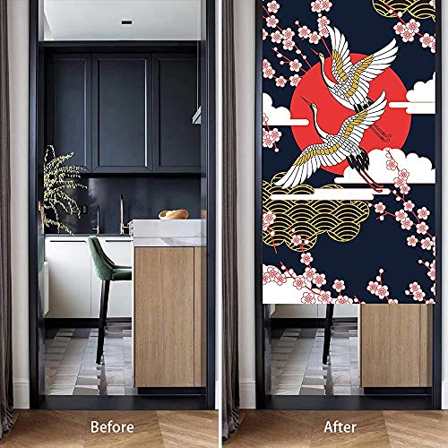 Ofat Home Japanese Crane & Sakura Noren Curtain 33.5" W x 59" L, Flying Crane with Cherry Blossom and Rising Sun Hanging Curtain for Doorway, Elegant Asian Fabric Home Decor - Image 2