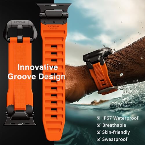 ULTIMAL Rugged Band for Apple Watch Ultra 321 49mm Series 1110987654 SE 46mm45mm44mm Waterproof Soft TPU Strap with Stainless Steel Buckle Connectors SweatResistant Easy to Clean Fits 155225mm Wrist BlackOrange - Image 3