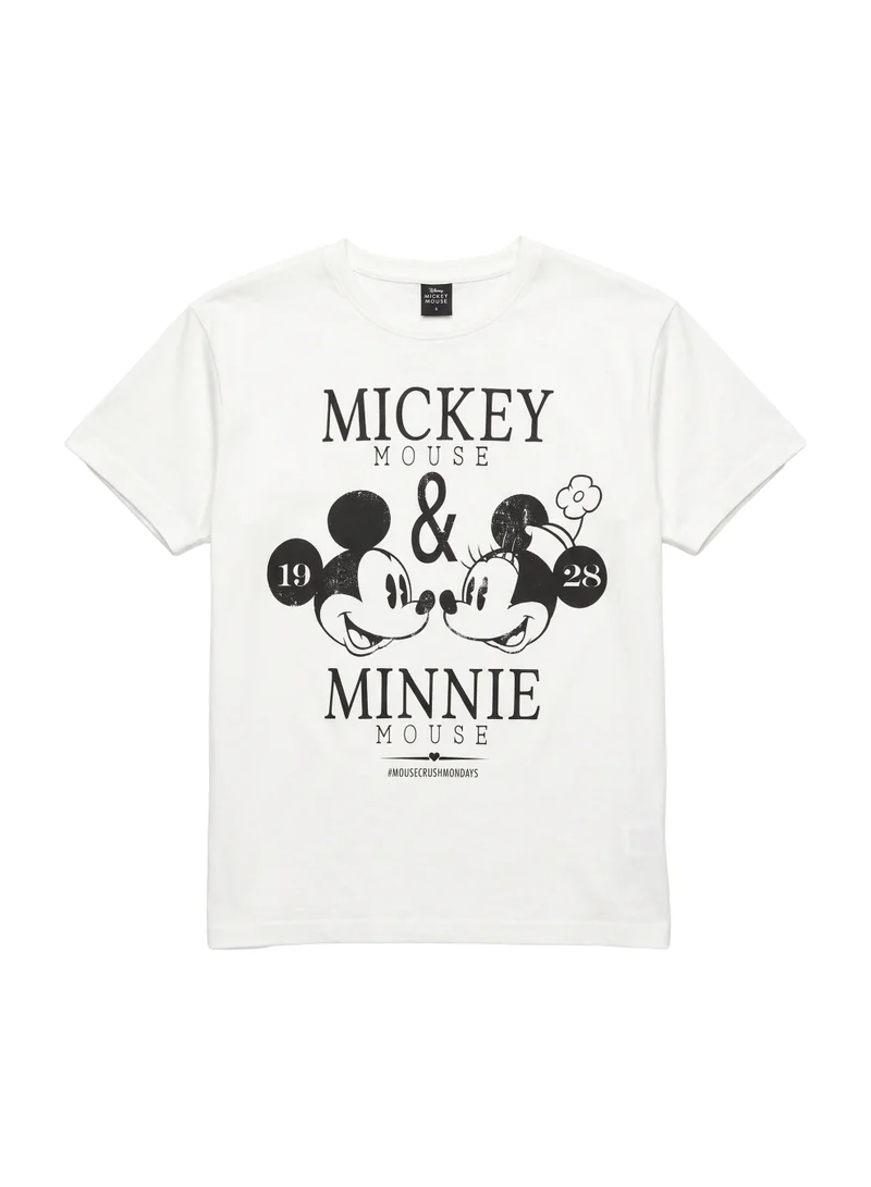 Disney  Disney Mickey & Minnie Mouse Graphic Women’s Drop Shoulder T-Shirt | Vintage Character Print Casual Crew Neck Cotton Tee for Women | Best Price UAE