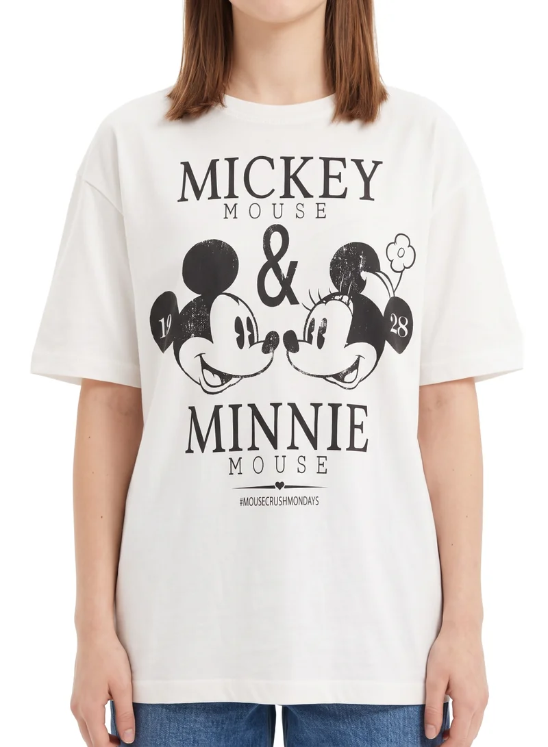 Disney  Disney Mickey & Minnie Mouse Graphic Women’s Drop Shoulder T-Shirt | Vintage Character Print Casual Crew Neck Cotton Tee for Women | Best Price UAE
