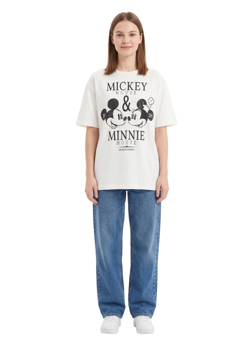 Disney  Disney Mickey & Minnie Mouse Graphic Women’s Drop Shoulder T-Shirt | Vintage Character Print Casual Crew Neck Cotton Tee for Women | Best Price UAE