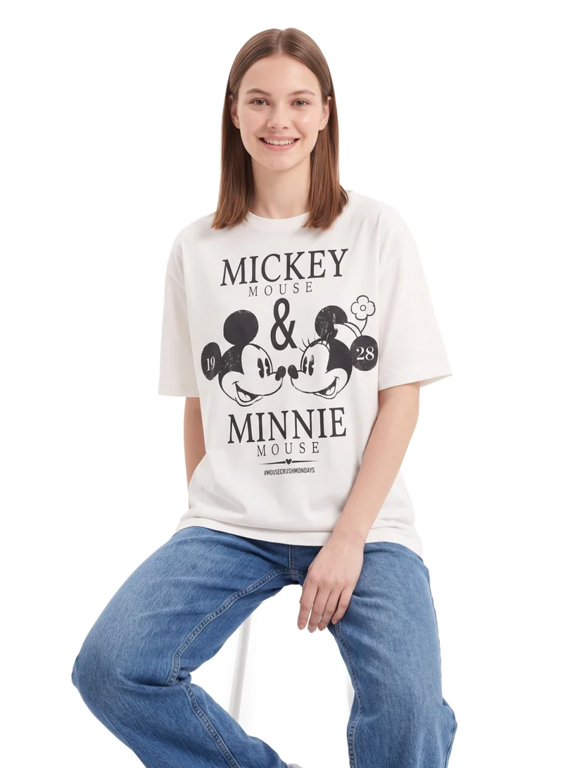 Disney  Disney Mickey & Minnie Mouse Graphic Women’s Drop Shoulder T-Shirt | Vintage Character Print Casual Crew Neck Cotton Tee for Women | Best Price UAE