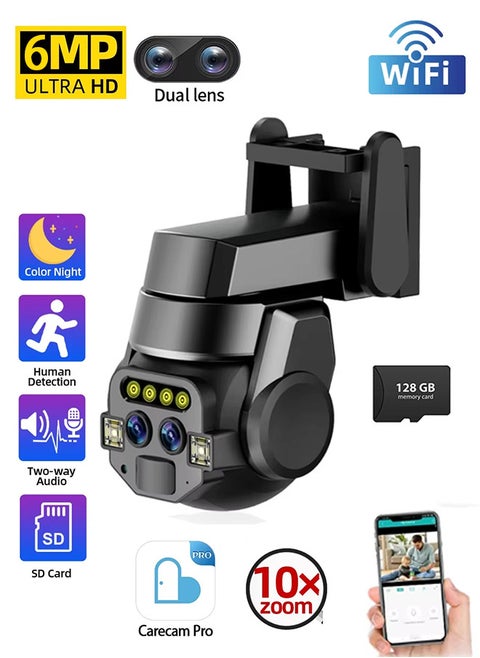 Dual Lens Outdoor WiFi Surveillance Camera, 10x Zoom 6MP Resolution, 2-Way Audio, High-definition Color Night Vision Monitoring IP66 Waterproof, 128G Card
