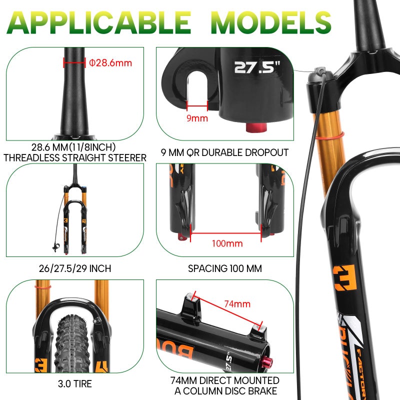 BUCKLOS 26/27.5/29 inch Travel 140mm MTB Air Suspension Fork, Rebound Adjustment 34mm Stanchions 1-1/8" Threadless Straight/Tapered 9*100mm QR Manual/Remote Lockout XC AM Mountain Bicycle Front Forks - Image 2
