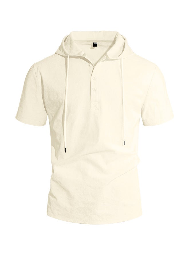 New Men's Wear Linen Short Sleeve Beach Casual Hooded Shirt Short Sleeve Solid Color Shirt T-shirt