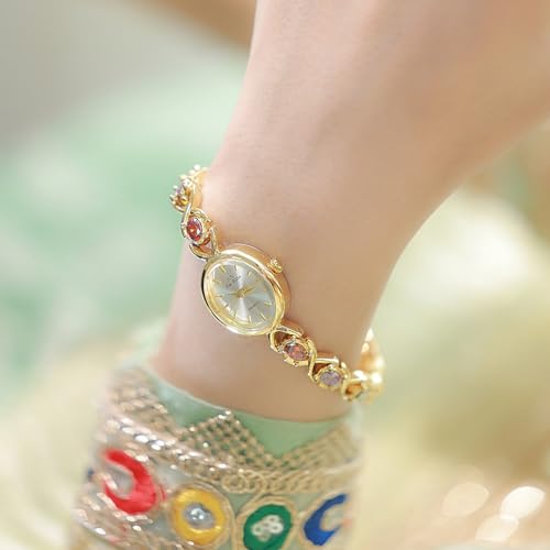 MASTOP Luxury Vintage Colorful Gemstone Oval Watch Fashion Ladies Small Dial for Women Quartz Wrist Watch Waterproof Watch Fashion Bangle with Stainless Steel Band Tool Included - Image 4