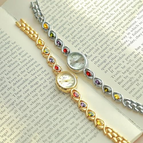 MASTOP Luxury Vintage Colorful Gemstone Oval Watch Fashion Ladies Small Dial for Women Quartz Wrist Watch Waterproof Watch Fashion Bangle with Stainless Steel Band Tool Included - Image 3