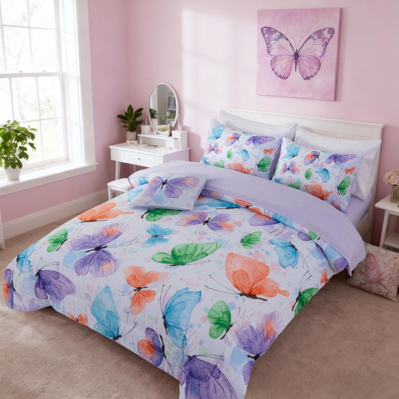 A Nice Night 6pcs Bed in A Bag Watercolor Ink Wash Tie-Dye Butterfly Flying Printed, Butterflies Bedding Comforter Set, Purple Green Twin - Image 2