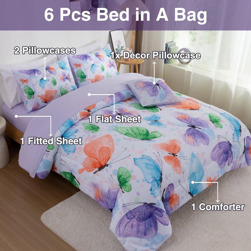 A Nice Night 6pcs Bed in A Bag Watercolor Ink Wash Tie-Dye Butterfly Flying Printed, Butterflies Bedding Comforter Set, Purple Green Twin - Image 4