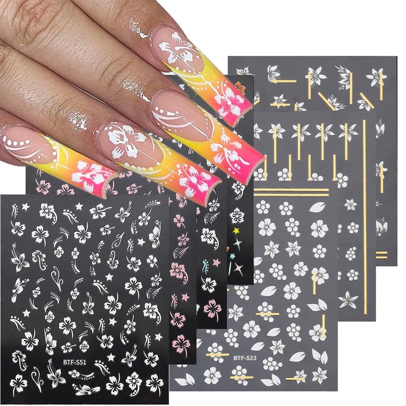 3D Hibiscus Flower Nail Decals Summer Nail Art Decoration Pink White Flowers Tropical Leaves Acrylic Nails