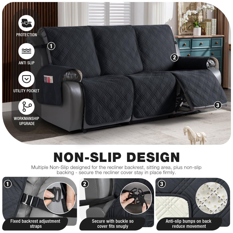 TAOCOCO 100% Waterproof Recliner Sofa Cover Non Slip Couch Cover for 3 Seat Reclining Sofa, Split Reclining Couch Covers 3-Piece with Straps, Washable Sofa Slipcover for Kids Pets(3 Seater, Black) - Image 4
