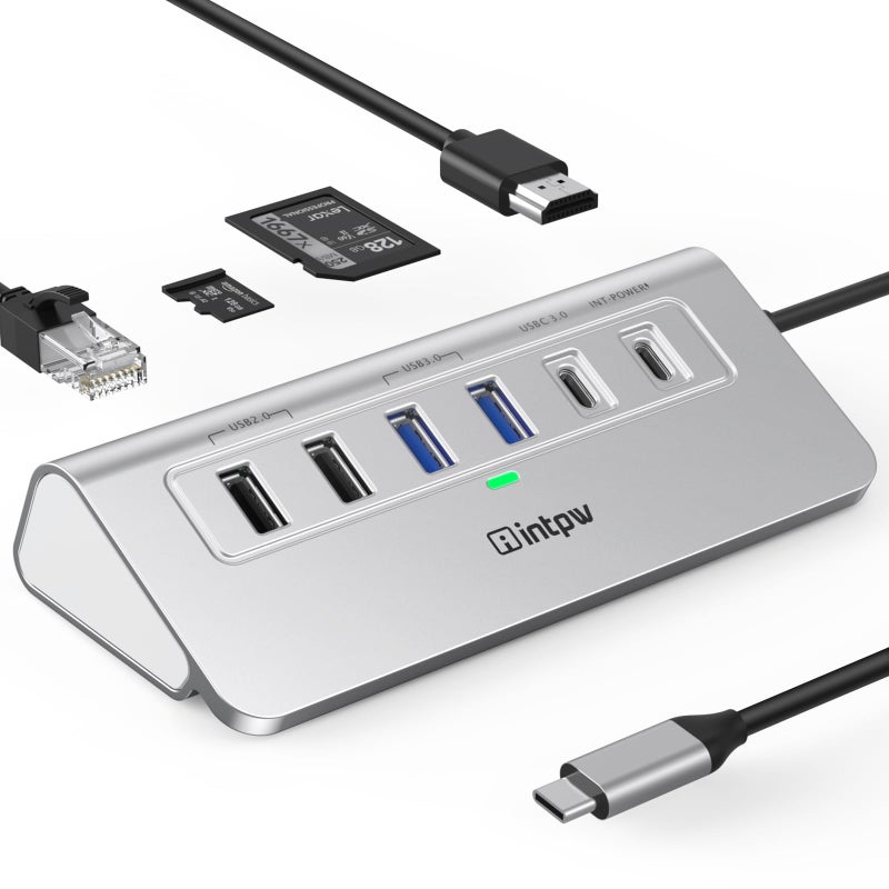 intpw P9R USB C Hub Ethernet, 10-in-1 USB-C Docking Station, Aluminum USB to Ethernet Adapter with 4K HDMI, PD 100W, 1Gbps RJ45, Type-C & 2 A 3.0 5Gbps, 2 Type-A 2.0, SD/TF Slot for MacBook, iPad - Image 1