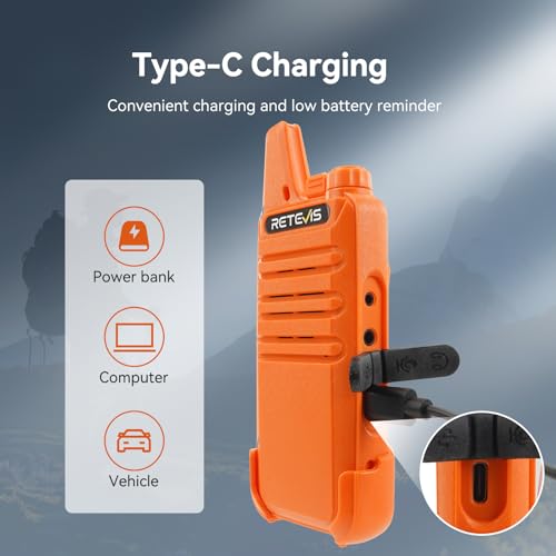 Retevis RT22 Rechargeable Walkie Talkies, Long Range Two Way Radio for Adults, Portable Handheld Radio, Voice Activated, Emergency Alarm, Upgraded Type-C Charing, Outdoor Hiking Travel(4 Pack, Orange) - Image 2