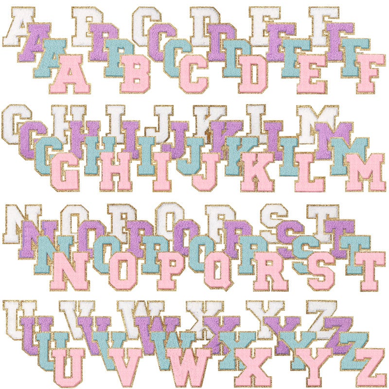 104 Pcs Letter Patch Iron on Chenille AZ Repair Alphabet Applique Patches Embroidered Letter Sew on with Gold Border for Bags Shirts315Purple White Pink Blue