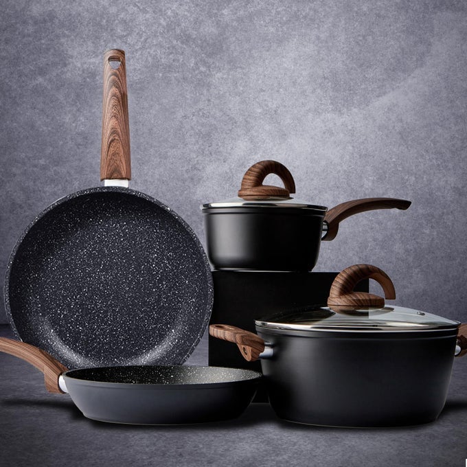 POTS AND PANS SET NON STICK CERAMIC COOKWARE SET WITH GRANITE PATTERN KITCHEN COOKING SETS INDUCTION POT AND PAN WFRYING PANS SAUCEPANS CASSEROLE NONTOXIC PTFEPFOAPFOSFREE BLACK