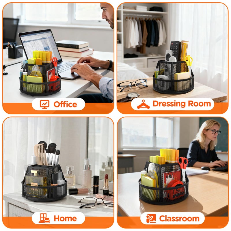 Docnest Mesh 360 Degree Rotating Pen Holder with 6 Compartment,Metal Pencil Cup Art Supply Storage Box Caddy,Teacher Stationery and Dorm Supplies Desk Organizer for Pencil,Sticky Note,Scissors-Black - Image 5