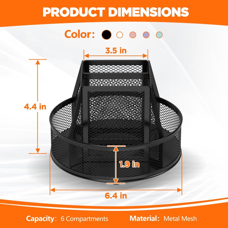 Docnest Mesh 360 Degree Rotating Pen Holder with 6 Compartment,Metal Pencil Cup Art Supply Storage Box Caddy,Teacher Stationery and Dorm Supplies Desk Organizer for Pencil,Sticky Note,Scissors-Black - Image 2