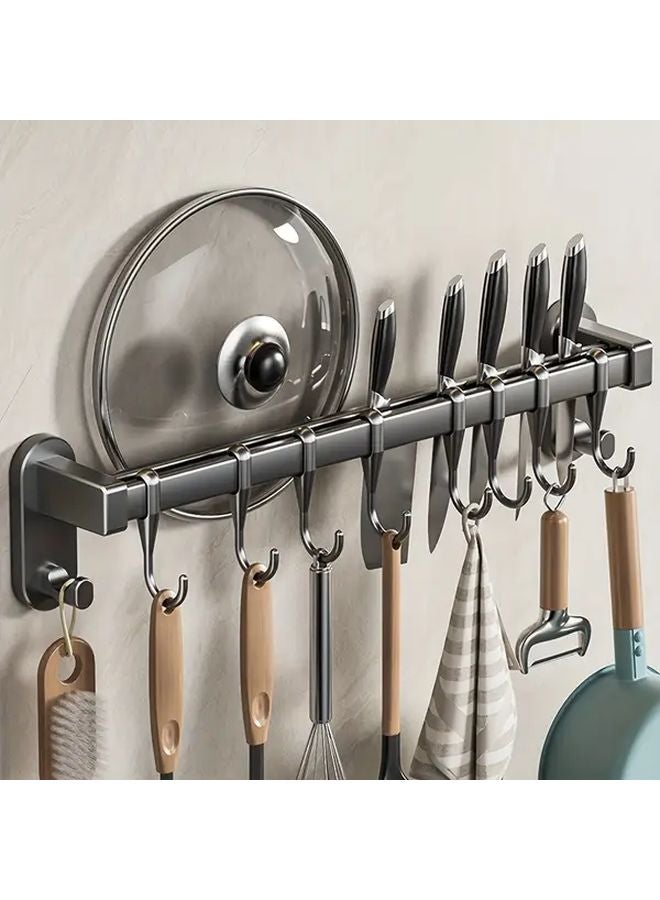 Grey 17.72 Inch 8 Hook Wall Mounted Kitchen Organizer No Drill Space Saving - Image 1
