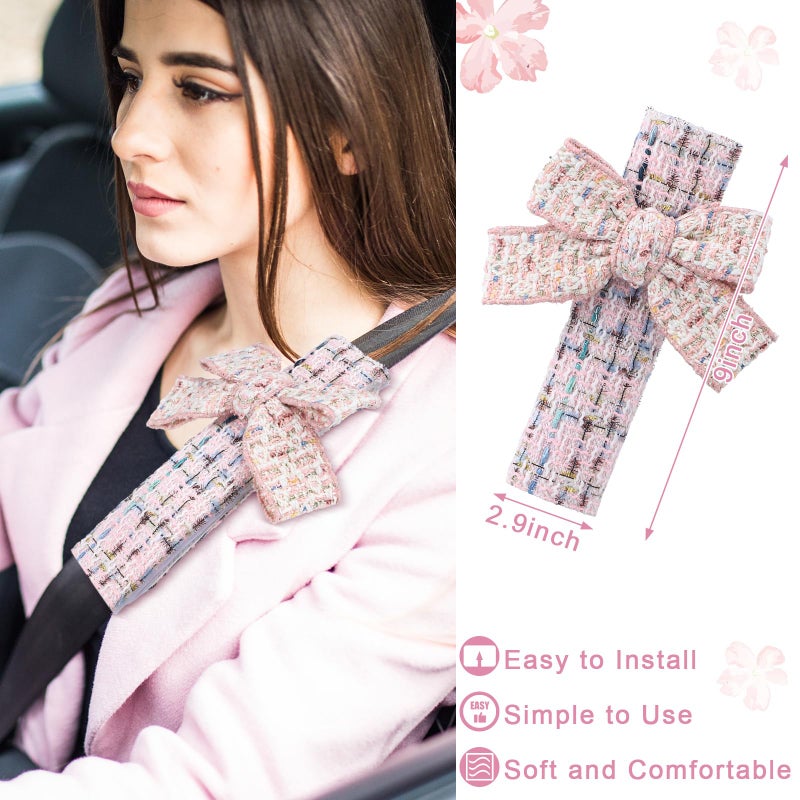 BBTO 42 Pcs Pink Bow Car Accessories Set for Women Pink Steering Wheel Cover Bow Hook Car Coaster Air Vent Clip Seat Belt Covers Diamond Rings Sticker Coquette Cute Gifts - Image 5