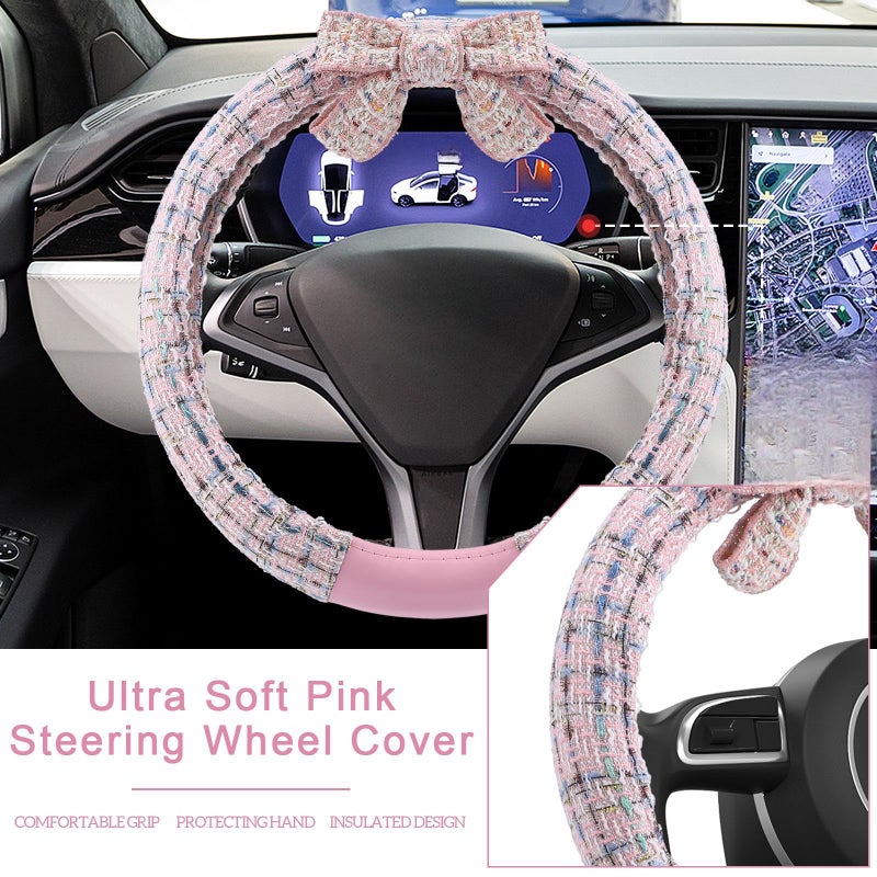 BBTO 42 Pcs Pink Bow Car Accessories Set for Women Pink Steering Wheel Cover Bow Hook Car Coaster Air Vent Clip Seat Belt Covers Diamond Rings Sticker Coquette Cute Gifts - Image 2