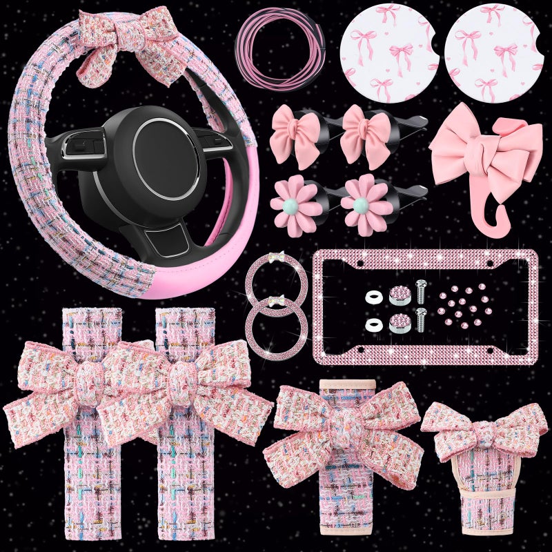 BBTO 42 Pcs Pink Bow Car Accessories Set for Women Pink Steering Wheel Cover Bow Hook Car Coaster Air Vent Clip Seat Belt Covers Diamond Rings Sticker Coquette Cute Gifts - Image 1