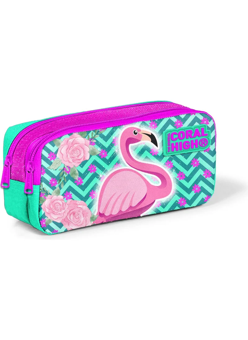 كورال هاي Kids Two Compartment Pencil Case Water Green Pink Glitter Flamingo Patterned 22290