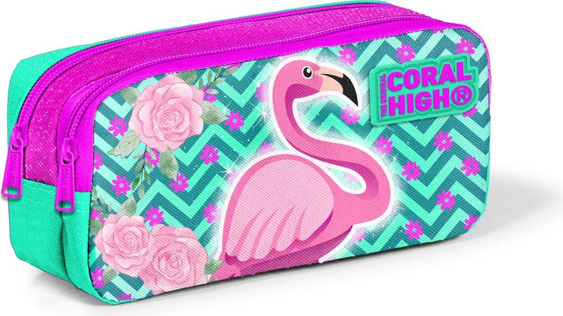 CORAL HIGH Kids Two Compartment Pencil Case Water Green Pink Glitter Flamingo Patterned 22290  - Image 1