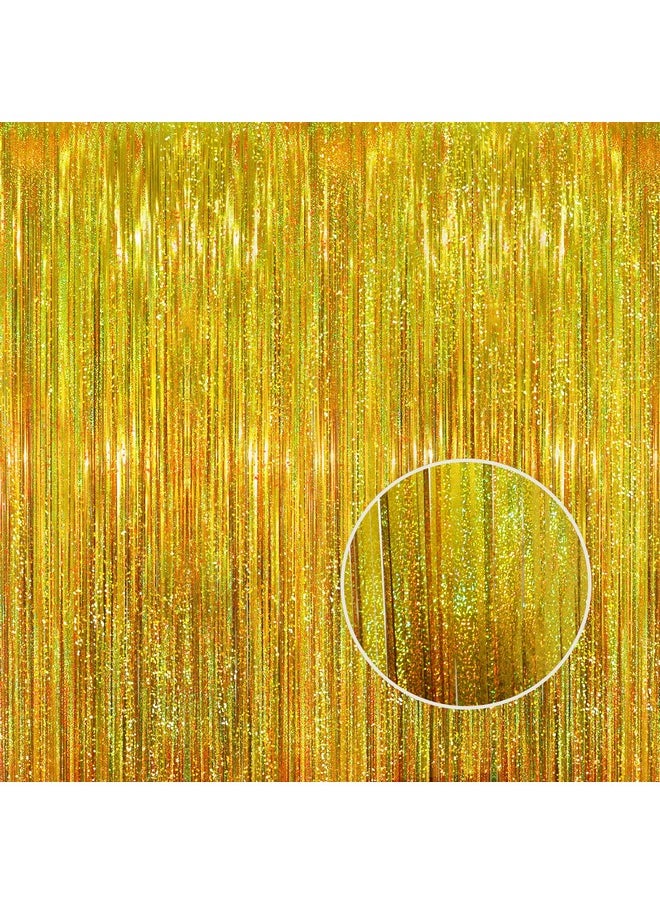 GOER 3.2 Ft X 9.8 Ft Metallic Tinsel Foil Fringe Curtains Party Photo Backdrop Party Streamers For Birthdaygraduationnew Year Eve Decorations Wedding Decor (3 Shiny Gold)  - Image 1