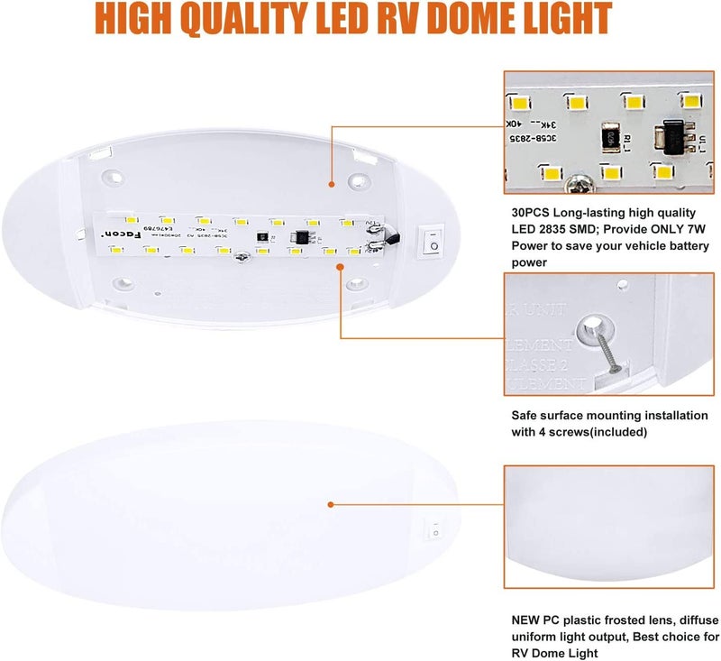 Facon 12V LED RV Dome Light, Length: 9-1/4'', DDS01-608-CW, Large Oval Pancake Light, 12Volt Interior Ceiling Dome Light with On/Off Switch, for RV Motorhomes Camper Caravan Trailer Boat - Image 4