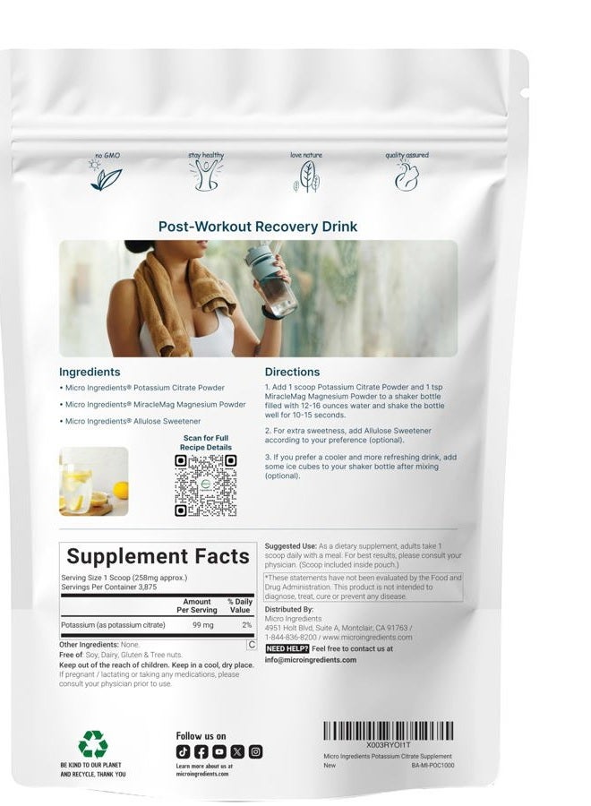 Micro Ingredients مسحوق سترات البوتاسيوم النقي من ميكرو إنغريدينتس، منشأ أمريكي، 1 كجم (2.2 رطل)، يدعم توازن المعادن وصحة القلب والجهاز المناعي بقوة، غير معدل وراثيًا وصديق للنباتيين - Image 2