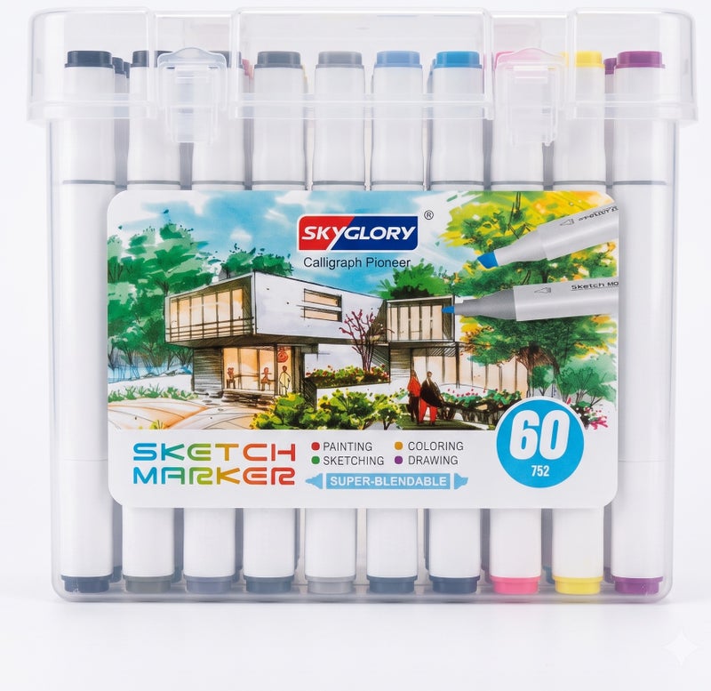 Sky Glory SKYGLORY Calligraph Pioneer Dual Tip Sketch Marker Set With Clear Storage Case Multicolour 60 Pieces HA-847 - Image 2