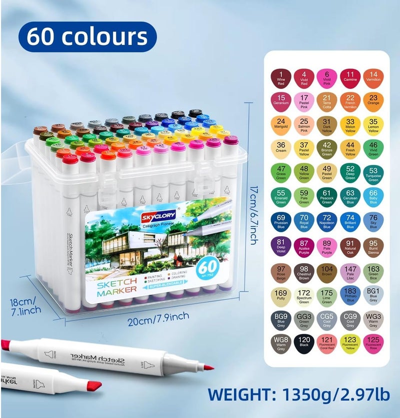 Sky Glory SKYGLORY Calligraph Pioneer Dual Tip Sketch Marker Set With Clear Storage Case Multicolour 60 Pieces HA-847 - Image 3