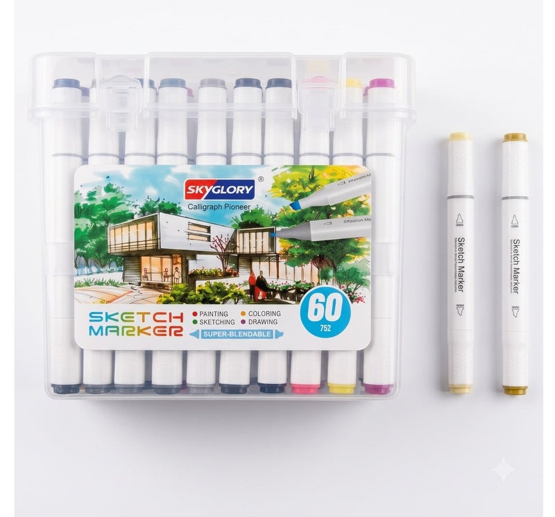 Sky Glory SKYGLORY Calligraph Pioneer Dual Tip Sketch Marker Set With Clear Storage Case Multicolour 60 Pieces HA-847 - Image 1