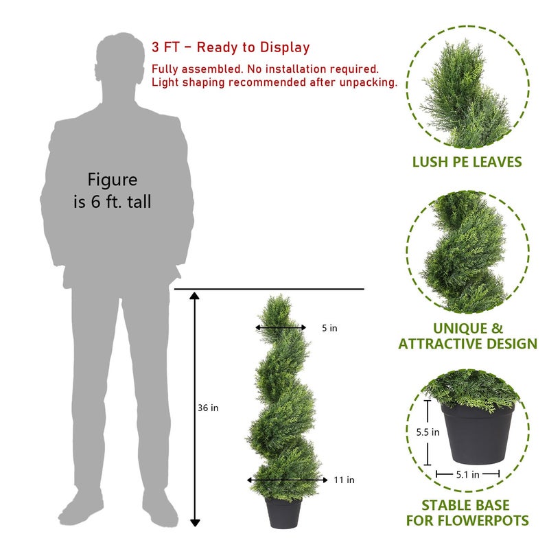 THE BLOOM TIMES 3ft Artificial Topiary Trees Set of 2, 36 inch Faux Cedar Cypress Spiral Topiary Trees Outdoor - Fake Plants for Garden Front Porch Indoor Outside Planter Christmas Decor 3 Foot - Image 4