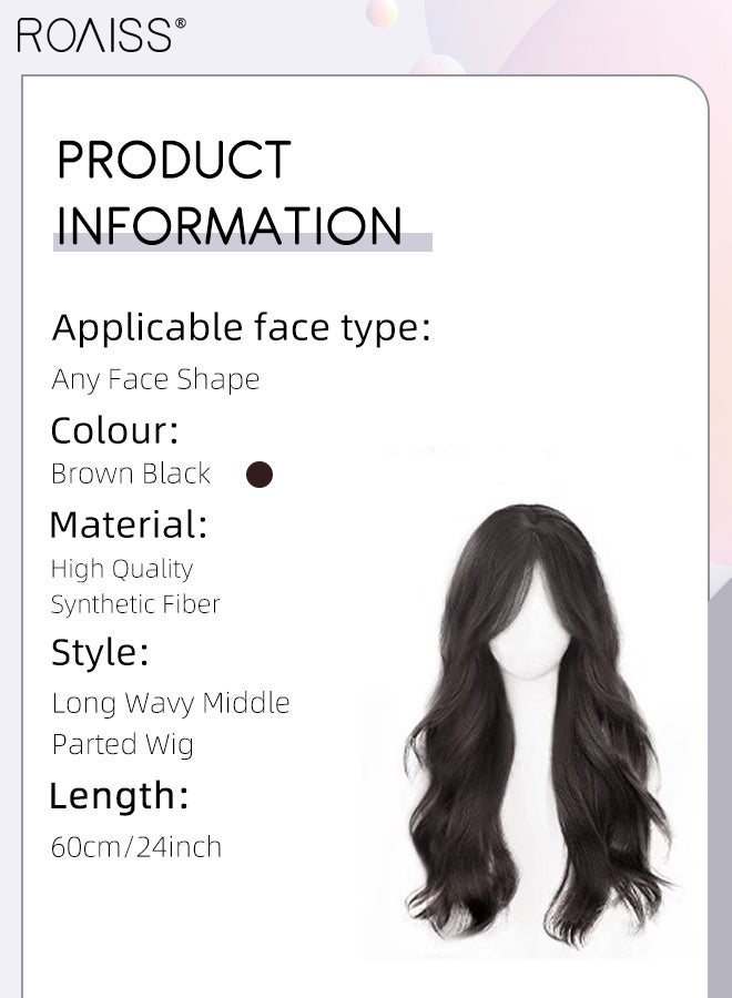 رويس باروكة شعر مستعار طويل مموج بني أسود، للنساء، بفراق من المنتصف، مصنوعة من شعر صناعي طبيعي ناعم ومقاوم للحرارة، مناسبة لحفلات الزفاف والتنكر، للاستخدام اليومي، 60 سم (24 بوصة) - Image 2