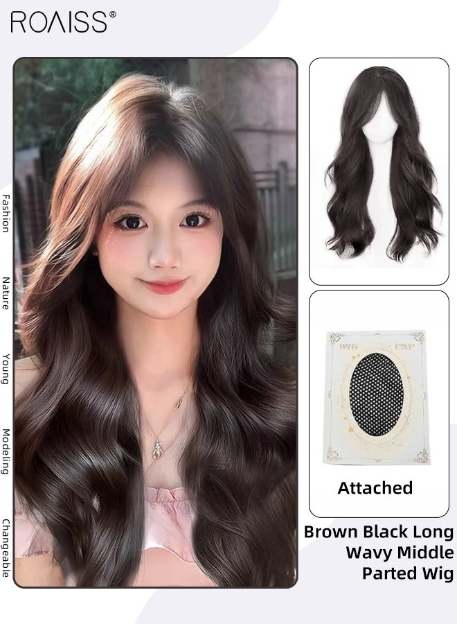 رويس باروكة شعر مستعار طويل مموج بني أسود، للنساء، بفراق من المنتصف، مصنوعة من شعر صناعي طبيعي ناعم ومقاوم للحرارة، مناسبة لحفلات الزفاف والتنكر، للاستخدام اليومي، 60 سم (24 بوصة) - Image 1