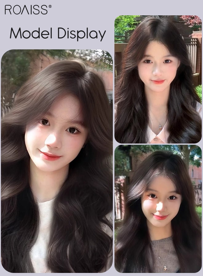 رويس باروكة شعر مستعار طويل مموج بني أسود، للنساء، بفراق من المنتصف، مصنوعة من شعر صناعي طبيعي ناعم ومقاوم للحرارة، مناسبة لحفلات الزفاف والتنكر، للاستخدام اليومي، 60 سم (24 بوصة) - Image 5