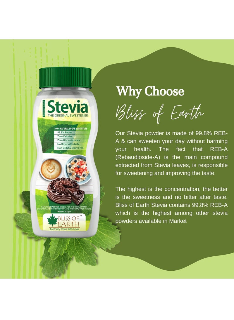 BLISS OF EARTH 99 Point 8 Percent REB A Purity Stevia Powder Natural and Sugar free Zero Calorie Zero GI Keto Sweetener 200g  - Image 2