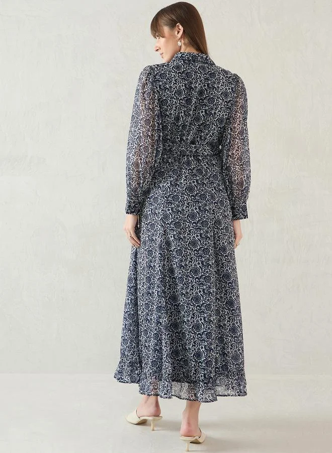 Femmella Navy Floral Printed Balloon Sleeve Maxi Dress