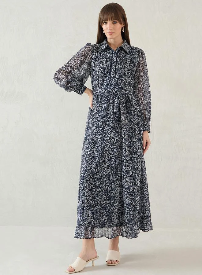 Femmella Navy Floral Printed Balloon Sleeve Maxi Dress