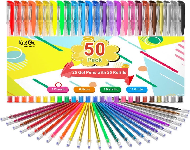Lineon Gel Pens, 50 Pack Gel Pen Set 25 Colored Gel Pen with 25 Refills for Adults Coloring Books Drawing Doodling Crafts Scrapbooking Bullet Journaling - Image 1