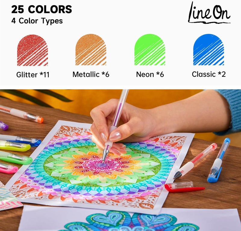 Lineon Gel Pens, 50 Pack Gel Pen Set 25 Colored Gel Pen with 25 Refills for Adults Coloring Books Drawing Doodling Crafts Scrapbooking Bullet Journaling - Image 2