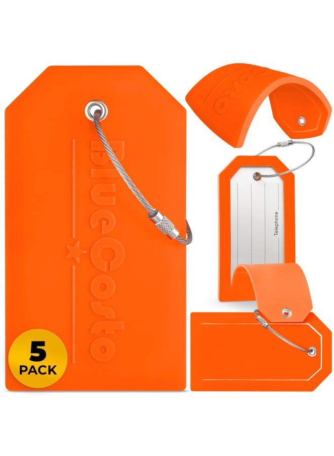 BlueCosto Luggage Tags - PVC Suitcase Tags w/Privacy Cover & Stainless Steel Wire Loops - Personalized Baggage Identifiers for Travel - Backpack Name Labels, Orange, Pack of 5, PVC - Image 1